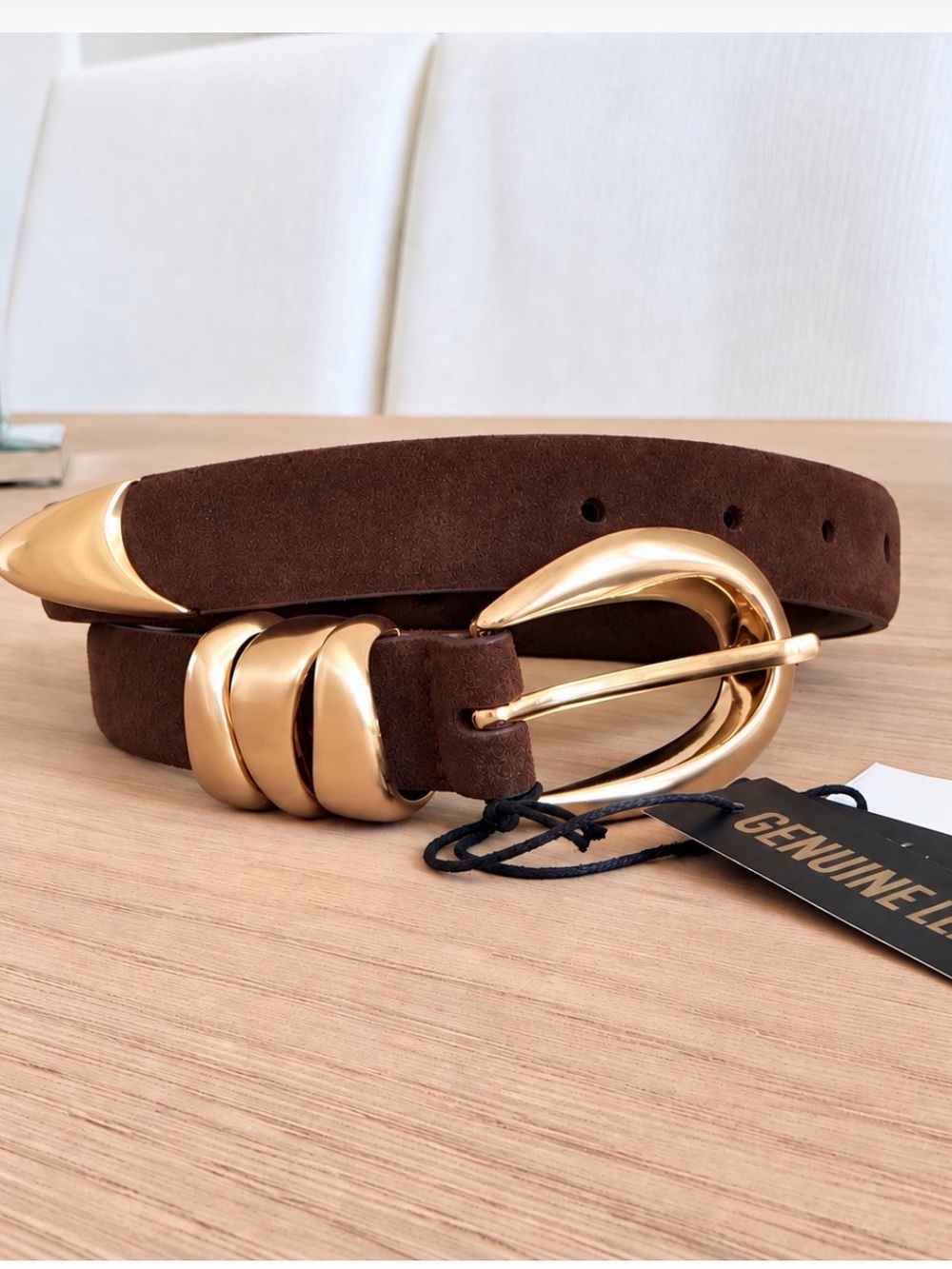 House of Harlow Chocolate Brown Suede Leather Gold Buckle Belt Size Large